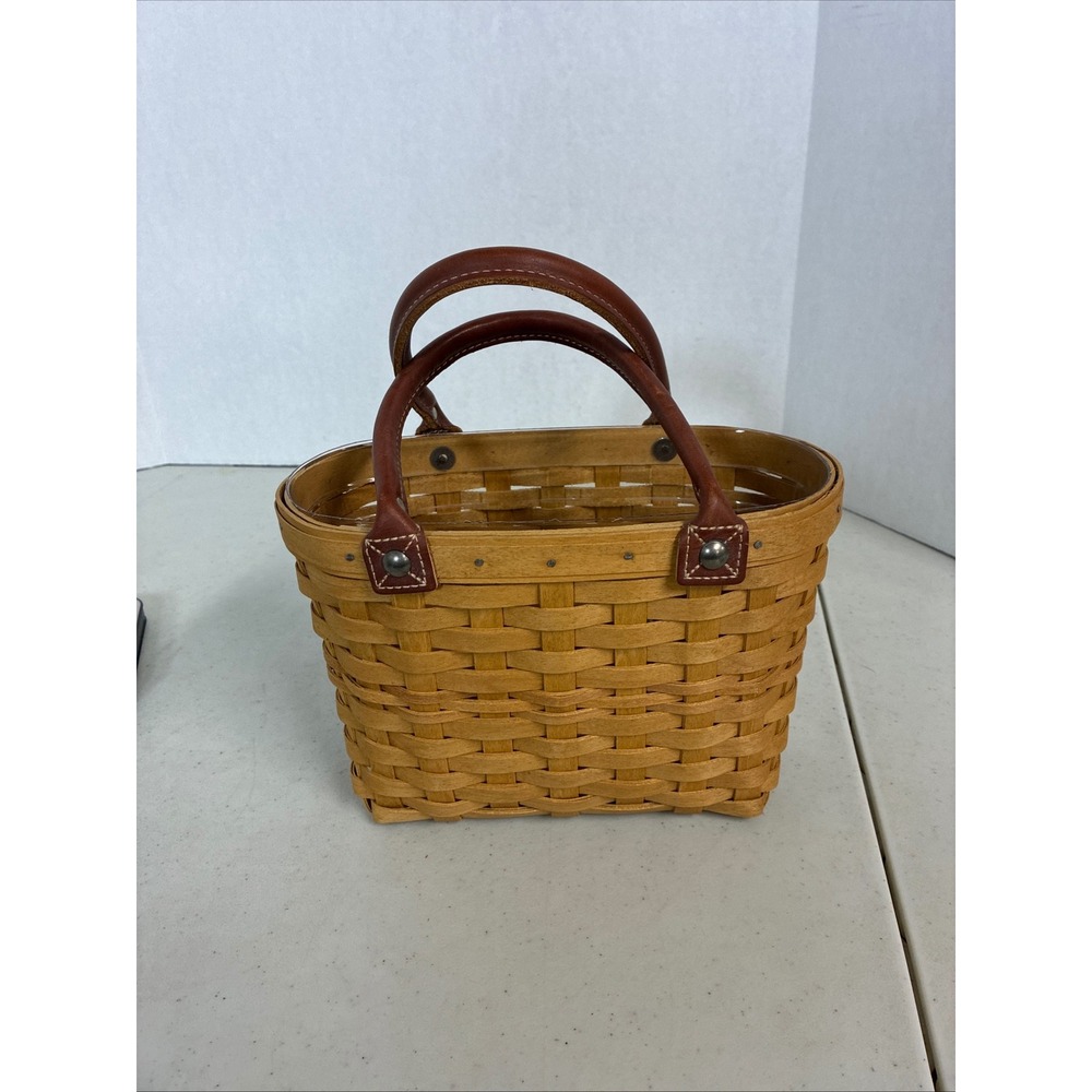Longaberger Small Woven Basket with Brown Leather Handles